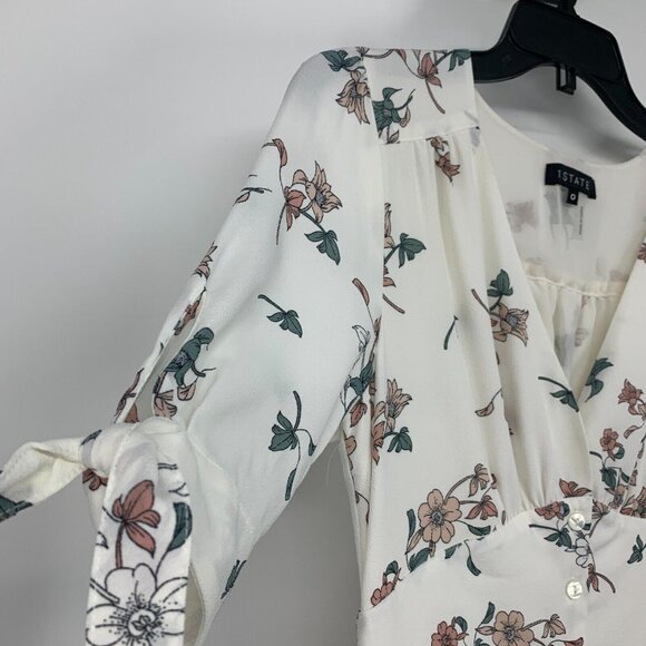 1.State Dress Belle Midi White Floral V Neck Button Down Tie Sleeve NWT - Picture 4 of 11